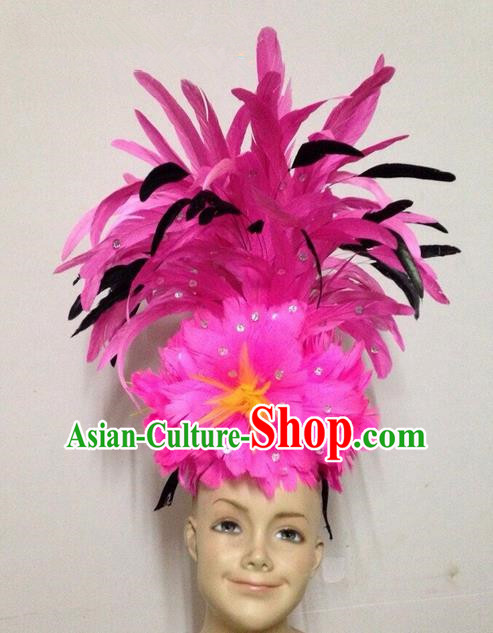 Top Grade Professional Performance Catwalks Pink Feather Decorations Hair Accessories, Brazilian Rio Carnival Parade Samba Dance Headpiece for Kids