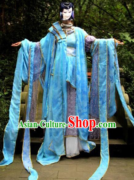 Top Grade Traditional China Ancient Cosplay Princess Costumes, China Ancient Young Lady Peri Water Sleeve Hanfu Blue Dress Clothing for Women