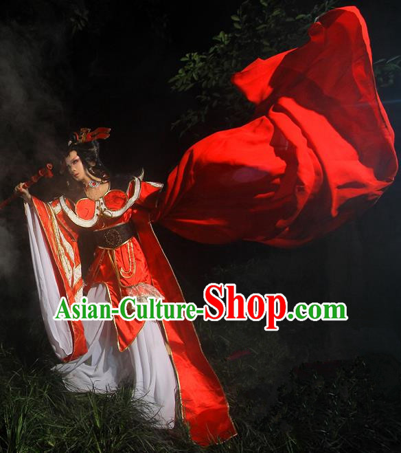 Top Grade Traditional China Ancient Cosplay Swordswoman Costumes, China Ancient Young Lady Peri Water Sleeve Hanfu Red Dress Clothing for Women