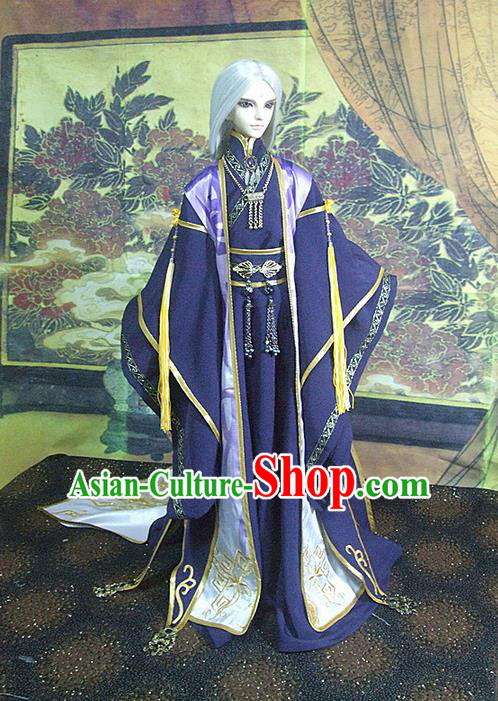Top Grade Traditional China Ancient Cosplay Swordsman Costumes Complete Set, China Ancient Taoist Master Hanfu Purple Robe Clothing for Men for Kids