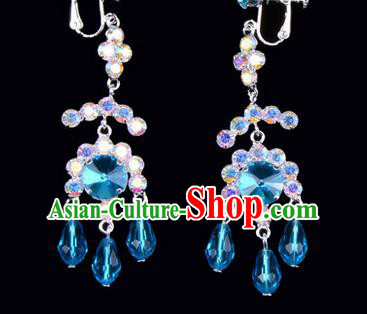 Chinese Ancient Peking Opera Head Accessories Young Lady Diva Colorful Crystal Blue Earrings, Traditional Chinese Beijing Opera Hua Tan Eardrop Ear Pendants