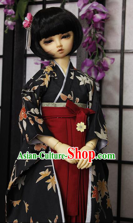 Top Grade Traditional Japan Kimono Costumes Complete Set, Ancient Japanese Kimono Cosplay Black Clothing for Adults and Kids