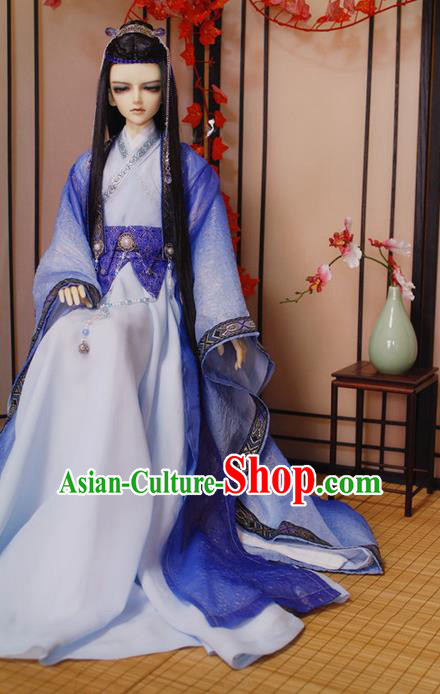 Top Grade Traditional China Ancient Cosplay Nobility Childe Costumes, China Ancient Han Dynasty Swordsman Knight-Errant Blue Robe Clothing for Men for Kids