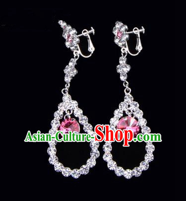 Chinese Ancient Peking Opera Head Accessories Young Lady Diva Colorful Crystal Pink Water Drop Earrings, Traditional Chinese Beijing Opera Hua Tan Ear Pendants