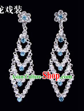 Chinese Ancient Peking Opera Head Accessories Young Lady Diva Colorful Crystal Blue Rhombus Earrings, Traditional Chinese Beijing Opera Hua Tan Ear Pendants