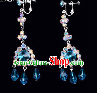 Chinese Ancient Peking Opera Head Accessories Young Lady Diva Colorful Crystal Blue Tassel Earrings, Traditional Chinese Beijing Opera Hua Tan Ear Pendants