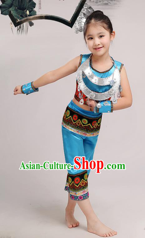 Top Grade Chinese Miao Nationality Little Girls Costume, Children Hmong Dance Blue Clothing for Kids