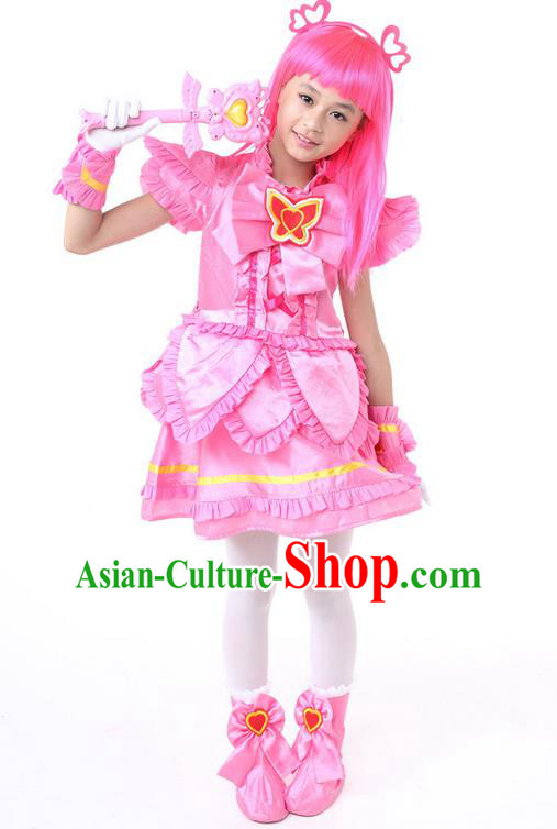 Top Grade Chinese Professional Halloween Performance Little Fairy Costume Complete Set, Children Cosplay Princess Pink Bubble Dress for Kids