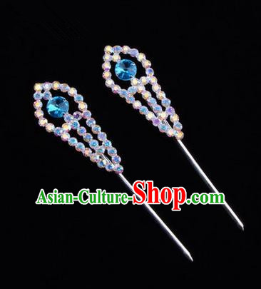 Chinese Ancient Peking Opera Head Accessories Young Lady Diva Colorful Crystal Headwear Blue Hairpins, Traditional Chinese Beijing Opera Hua Tan Head-ornaments