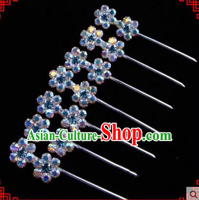 Chinese Ancient Peking Opera Head Accessories Young Lady Diva Colorful Crystal Headwear Wintersweet Blue Hairpins Complete Set, Traditional Chinese Beijing Opera Hua Tan Head-ornaments