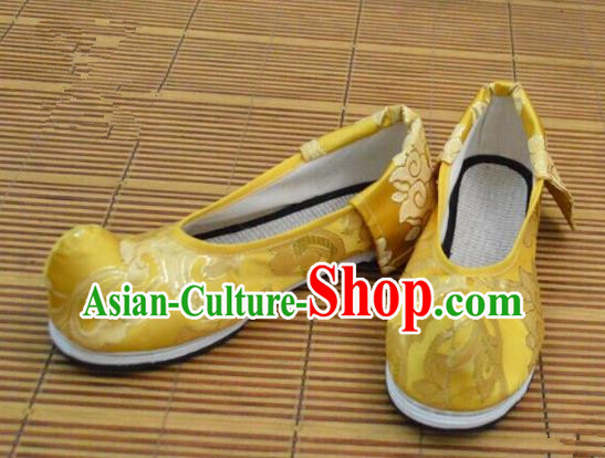 Chinese Ancient Peking Opera Young Lady Crested Shoes, Traditional Chinese Ancient Princess Hanfu Cloth Shoes Yellow Bow Shoes for Women