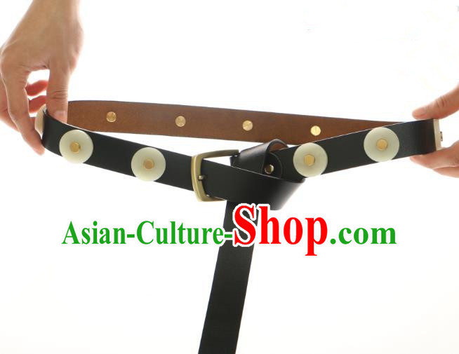Chinese Ancient Peking Opera Leather Belts, Traditional Chinese Ancient Ming Dynasty Hanfu Jade Waistband for Men