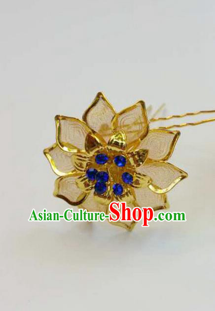 Traditional Thailand Ancient Handmade Hair Accessories Headpiece, Traditional Thai China Dai Nationality Blue Crystal Hairpins for Women