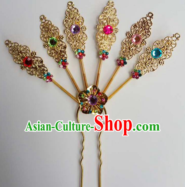 Traditional Thailand Ancient Handmade Hair Accessories Headpiece, Traditional Thai China Dai Nationality Colorful Crystal Hairpins Headwear for Women
