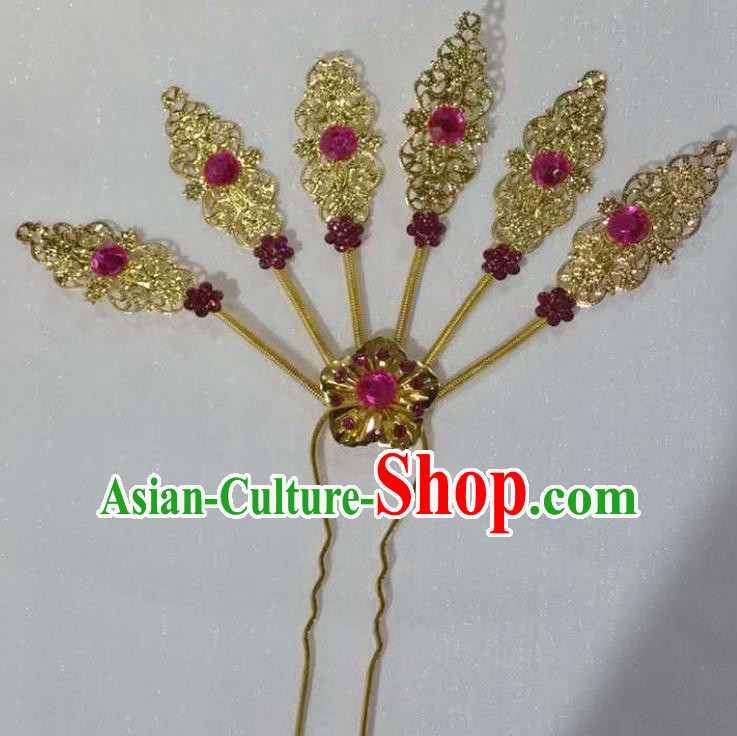 Traditional Thailand Ancient Handmade Hair Accessories Headpiece, Traditional Thai China Dai Nationality Pink Crystal Hairpins Headwear for Women