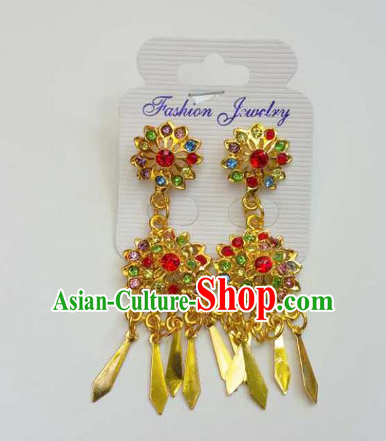 Traditional Thailand Ancient Handmade Accessories Earrings, Traditional Thai China Dai Nationality Tassel Colorful Crystal Eardrop for Women