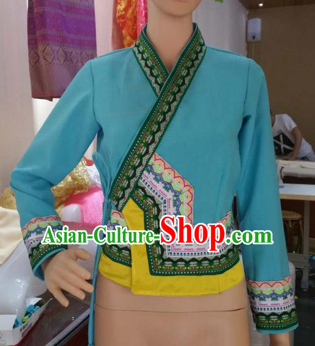 Traditional Thailand Ancient Handmade Female Costumes Upper Outer Garment, Traditional Thai Clothing China Dai Nationality Blue Blouse for Women