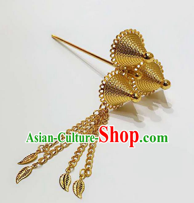 Traditional Thailand Ancient Handmade Golden Hair Accessories, Traditional Thai China Dai Nationality Hairpins Hair Stick Headpiece for Women