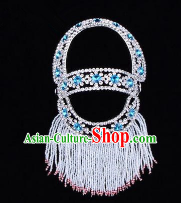 Chinese Ancient Peking Opera Head Accessories Young Lady Diva Blue Hairpins Back Temples Curtain, Traditional Chinese Beijing Opera Hua Tan Hair Clasp Head-ornaments