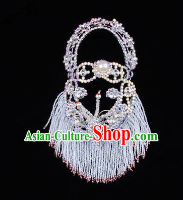 Chinese Ancient Peking Opera Head Accessories Young Lady Diva White Pearl Hairpins Back Temples Curtain, Traditional Chinese Beijing Opera Hua Tan Hair Clasp Head-ornaments