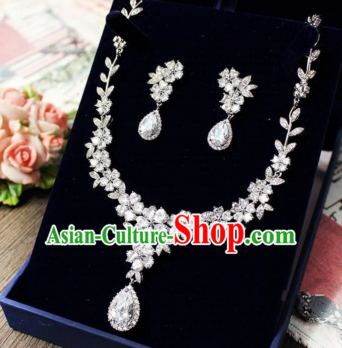 Top Grade Handmade Wedding Bride Accessories Necklace and Earrings Complete Set, Traditional Princess Crystal Zircon Wedding Jewelry for Women