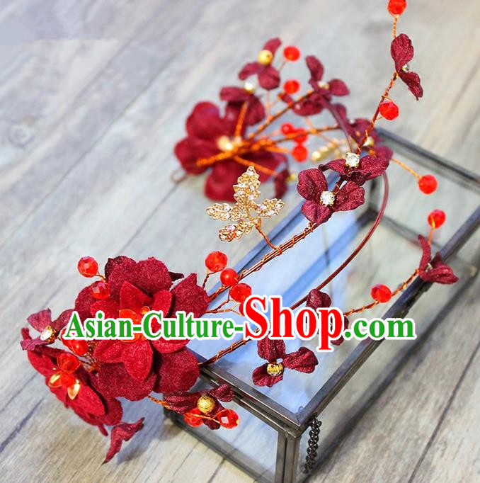 Top Grade Handmade Wedding Bride Hair Accessories Red Flowers Headwear, Traditional Princess Baroque Pearl Headpiece for Women