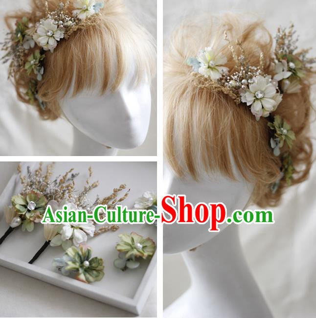 Top Grade Handmade Wedding Bride Hair Accessories White Flowers Headwear Complete Set, Traditional Princess Baroque Headpiece for Women