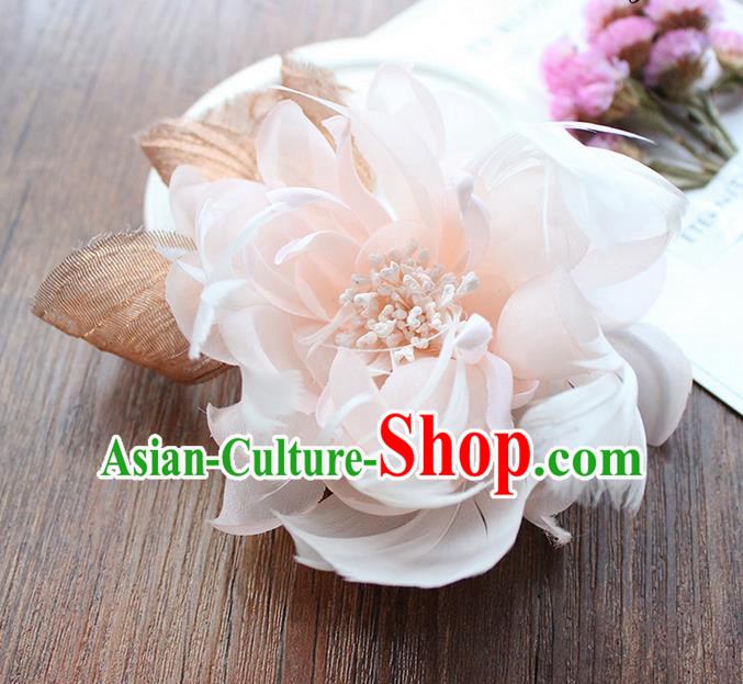 Top Grade Handmade Wedding Bride Hair Accessories Headwear, Traditional Princess Baroque Feather Pink Flower Hairpin Wedding Headpiece for Women