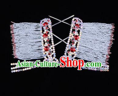 Chinese Ancient Peking Opera Head Accessories Young Lady Diva Red Crystal Tassel Hairpins Temples Curtain, Traditional Chinese Beijing Opera Hua Tan Hair Clasp Head-ornaments