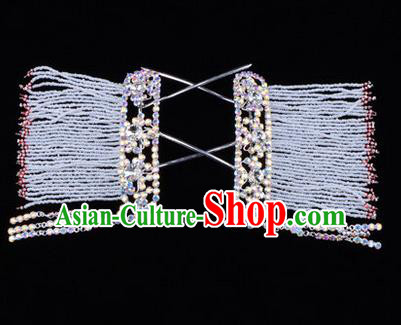 Chinese Ancient Peking Opera Head Accessories Young Lady Diva White Crystal Tassel Hairpins Temples Curtain, Traditional Chinese Beijing Opera Hua Tan Hair Clasp Head-ornaments