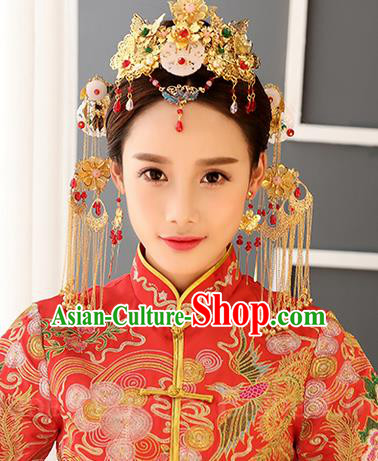 Top Grade Chinese Handmade Wedding Hair Accessories, Traditional China Xiuhe Suit Phoenix Coronet Bride Tassel Headwear Hairpins Complete Set for Women
