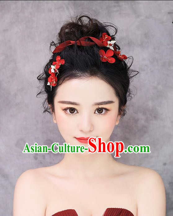 Top Grade Handmade Wedding Bride Hair Accessories Headwear, Traditional Princess Baroque Red Hair Clasp Headpiece for Women