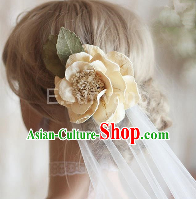 Top Grade Handmade Wedding Bride Hair Accessories Rose Hairpin, Traditional Princess Wedding Headwear Veil for Women