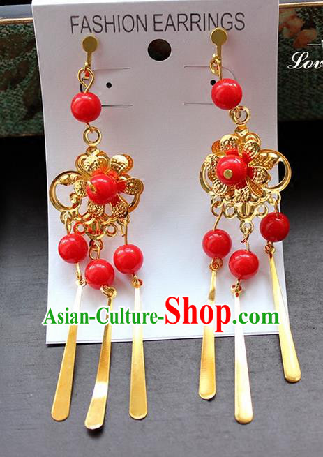 Top Grade Handmade China Wedding Bride Accessories Red Beads Earrings, Traditional Princess Xiuhe Suit Wedding Tassel Eardrop for Women
