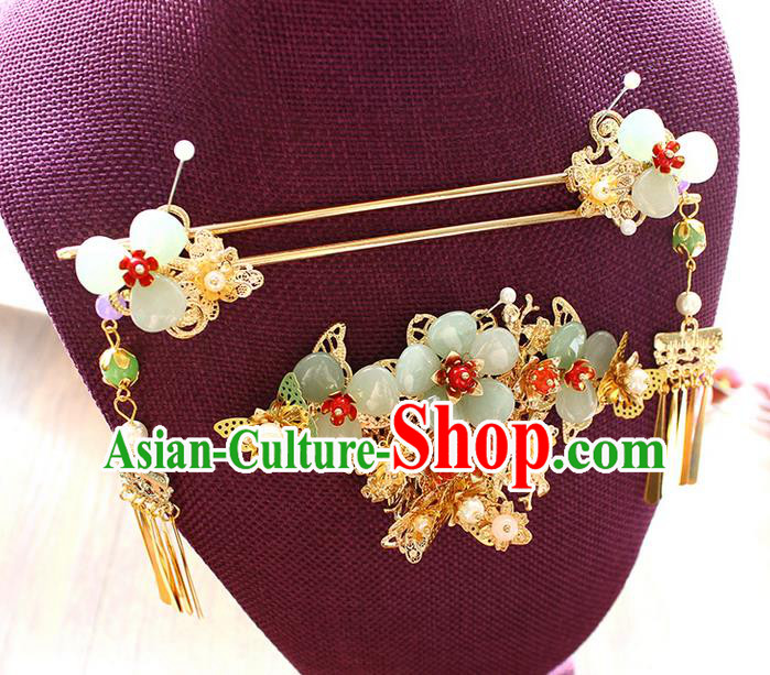Top Grade Chinese Handmade Wedding Jade Hair Accessories Complete Set, Traditional China Xiuhe Suit Phoenix Coronet Bride Hanfu Tassel Hairpins Headwear for Women
