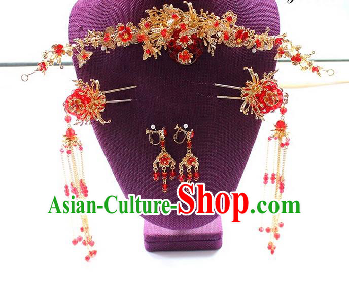 Top Grade Chinese Handmade Wedding Hair Accessories Complete Set, Traditional China Xiuhe Suit Bride Forehead Ornament Hair Clasp Hanfu Tassel Hairpins Headwear for Women