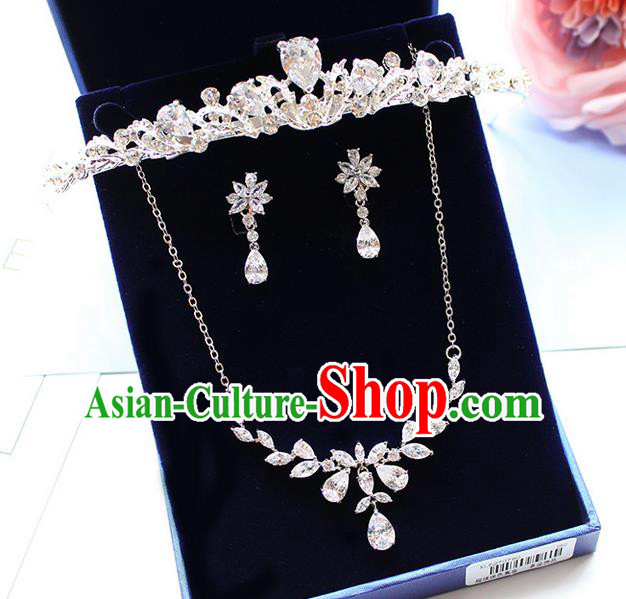 Top Grade Handmade China Wedding Bride Accessories Zircon Crown Necklace and Earrings, Traditional Princess Wedding Jewelry for Women