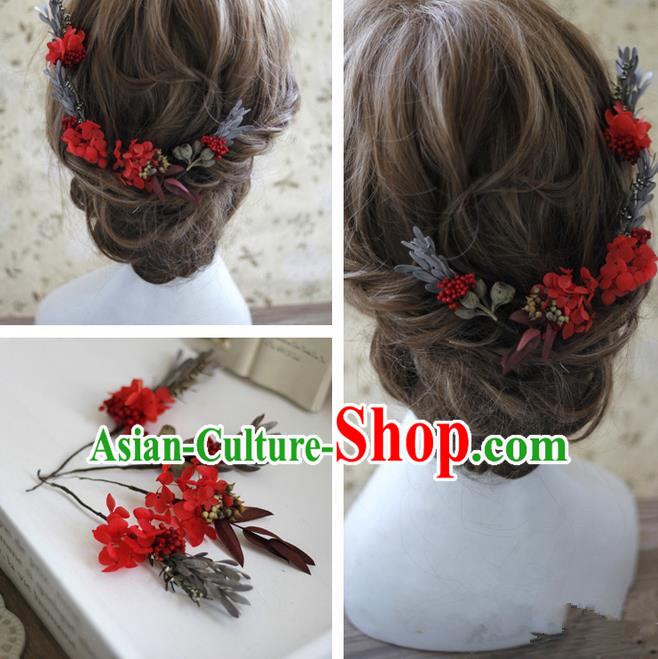 Top Grade Handmade Wedding Bride Hair Accessories Red Flowers Hairpin Complete Set, Traditional Princess Baroque Headpiece for Women