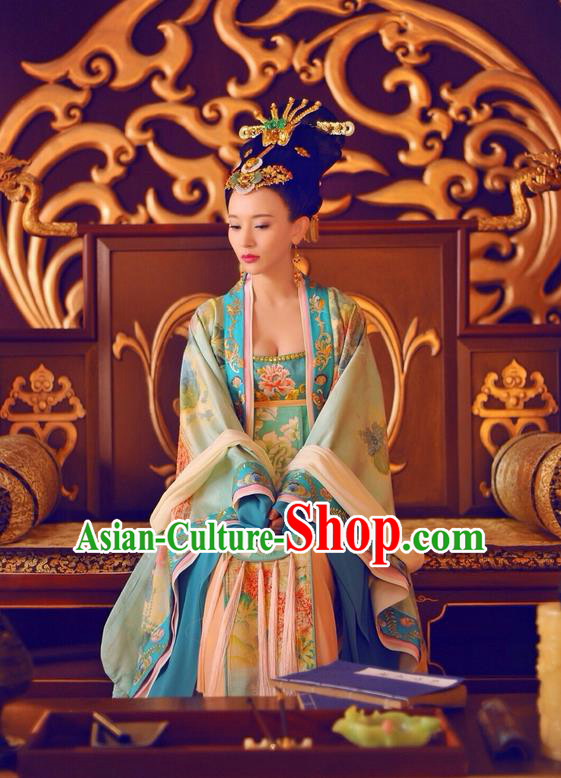 Traditional Ancient Chinese Imperial Concubine Costume and Headpiece Complete Set, Elegant Hanfu Clothing Chinese Tang Dynasty Palace Lady Embroidered Dress Clothing
