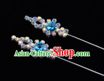Chinese Ancient Peking Opera Head Accessories Diva Colorful Blue Crystal Hairpins, Traditional Chinese Beijing Opera Princess Hua Tan Hair Clasp Head-ornaments GuDuo Needle