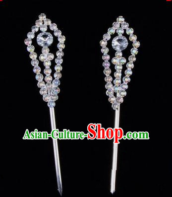 Chinese Ancient Peking Opera Head Accessories Diva White Crystal Pointed Temples Hairpins, Traditional Chinese Beijing Opera Princess Hua Tan Hair Clasp Head-ornaments