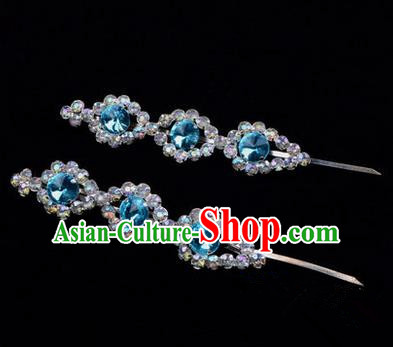 Chinese Ancient Peking Opera Head Accessories Diva Blue Beads Crystal Hairpins, Traditional Chinese Beijing Opera Princess Hua Tan Hair Clasp Head-ornaments