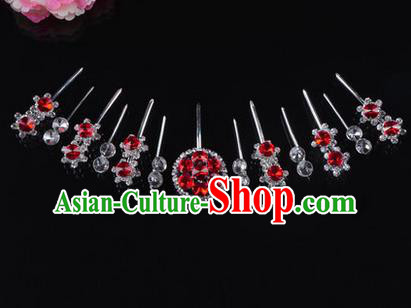 Chinese Ancient Peking Opera Head Accessories Diva Crystal Red Hairpins Complete Set, Traditional Chinese Beijing Opera Princess Hua Tan Hair Clasp Head-ornaments