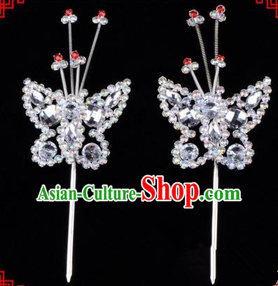 Chinese Ancient Peking Opera Head Accessories Diva White Crystal Beads Butterfly Hairpins, Traditional Chinese Beijing Opera Princess Hua Tan Hair Clasp Head-ornaments