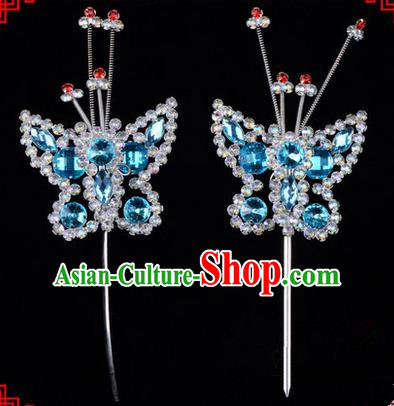 Chinese Ancient Peking Opera Head Accessories Diva Blue Crystal Beads Butterfly Hairpins, Traditional Chinese Beijing Opera Princess Hua Tan Hair Clasp Head-ornaments