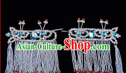 Chinese Ancient Peking Opera Hair Accessories Young Lady Diva Blue Crystal Hairpins Tassel Temples Curtain, Traditional Chinese Beijing Opera Hua Tan Head Ornaments