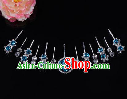Chinese Ancient Peking Opera Head Accessories Diva Crystal Blue Hairpins Complete Set, Traditional Chinese Beijing Opera Princess Hua Tan Hair Clasp Head-ornaments