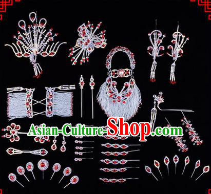 Chinese Ancient Peking Opera Head Accessories Diva Red Crystal Hairpins, Traditional Chinese Beijing Opera Princess Hua Tan Hair Clasp Head-ornaments Complete Set