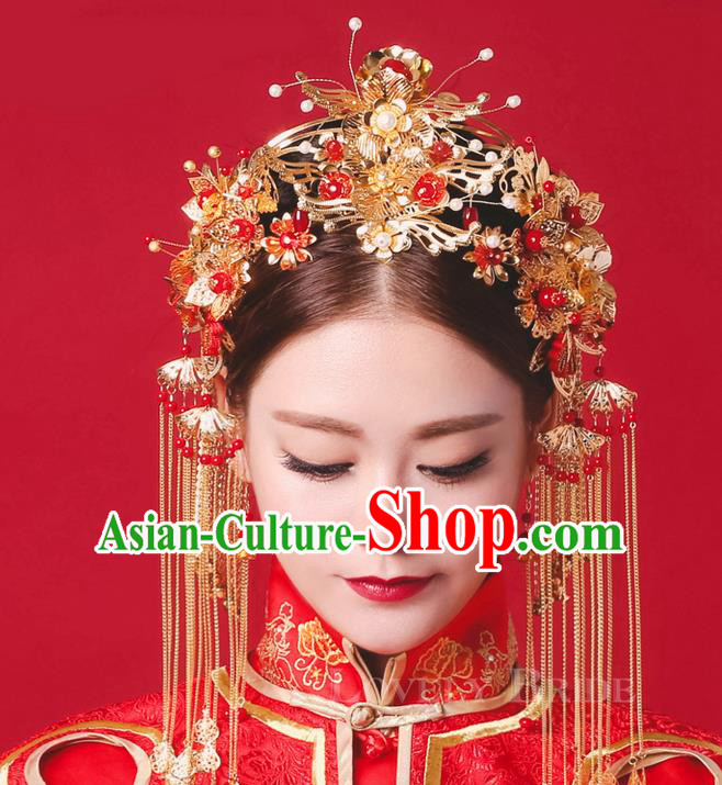 Top Grade Chinese Handmade Wedding Hair Accessories Complete Set, Traditional China Xiuhe Suit Bride Forehead Ornament Phoenix Coronet Hanfu Tassel Hairpins Headwear for Women