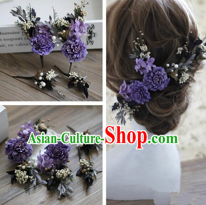 Top Grade Handmade Wedding Bride Hair Accessories Purple Flowers Headwear, Traditional Princess Baroque Hair Stick Headpiece Hairpins Complete Set for Women